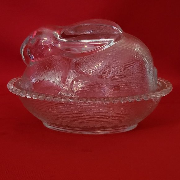 VTG Clear Glass Bunny Rabbit Covered Trinket Oval Candy Beaded Dish Translucent - Picture 3 of 15